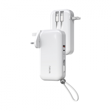 WIWU 3 IN 1 POWER BANK WITH CABLES (US+UK+EU PLUG) 10000MAH - WHITE