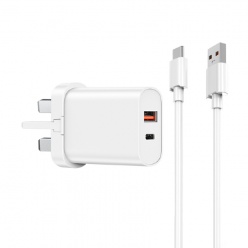 WIWU QUICK 20W+18W PD+QC UK FAST CHARGER WITH USB TO TYPE-C CABLE - WHITE