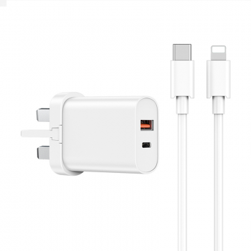 WIWU QUICK 20W+18W PD+QC UK FAST CHARGER WITH TYPE-C TO LIGHTNING CABLE - WHITE