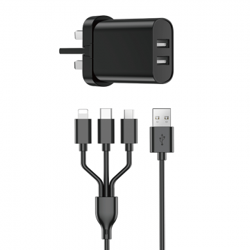 WIWU QUICK 2.1A DUAL USB UK FAST CHARGER WITH USB TO TYPE-C, LIGHTNING AND MICRO CABLE - BLACK