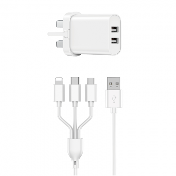 WIWU QUICK 2.1A DUAL USB UK FAST CHARGER WITH USB TO TYPE-C, LIGHTNING AND MICRO CABLE - WHITE